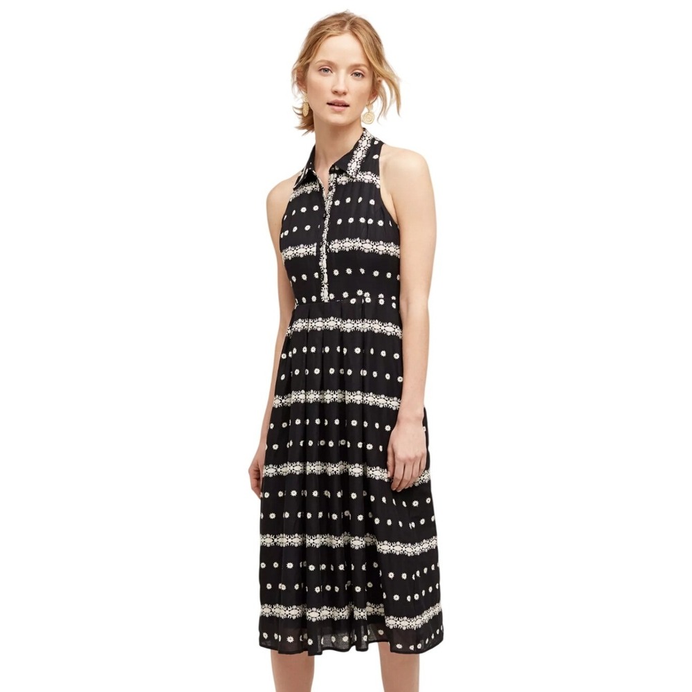 $189 Eva Franco Womens Dress 8 Black Embroidered Halter Criss Cross Back Midi